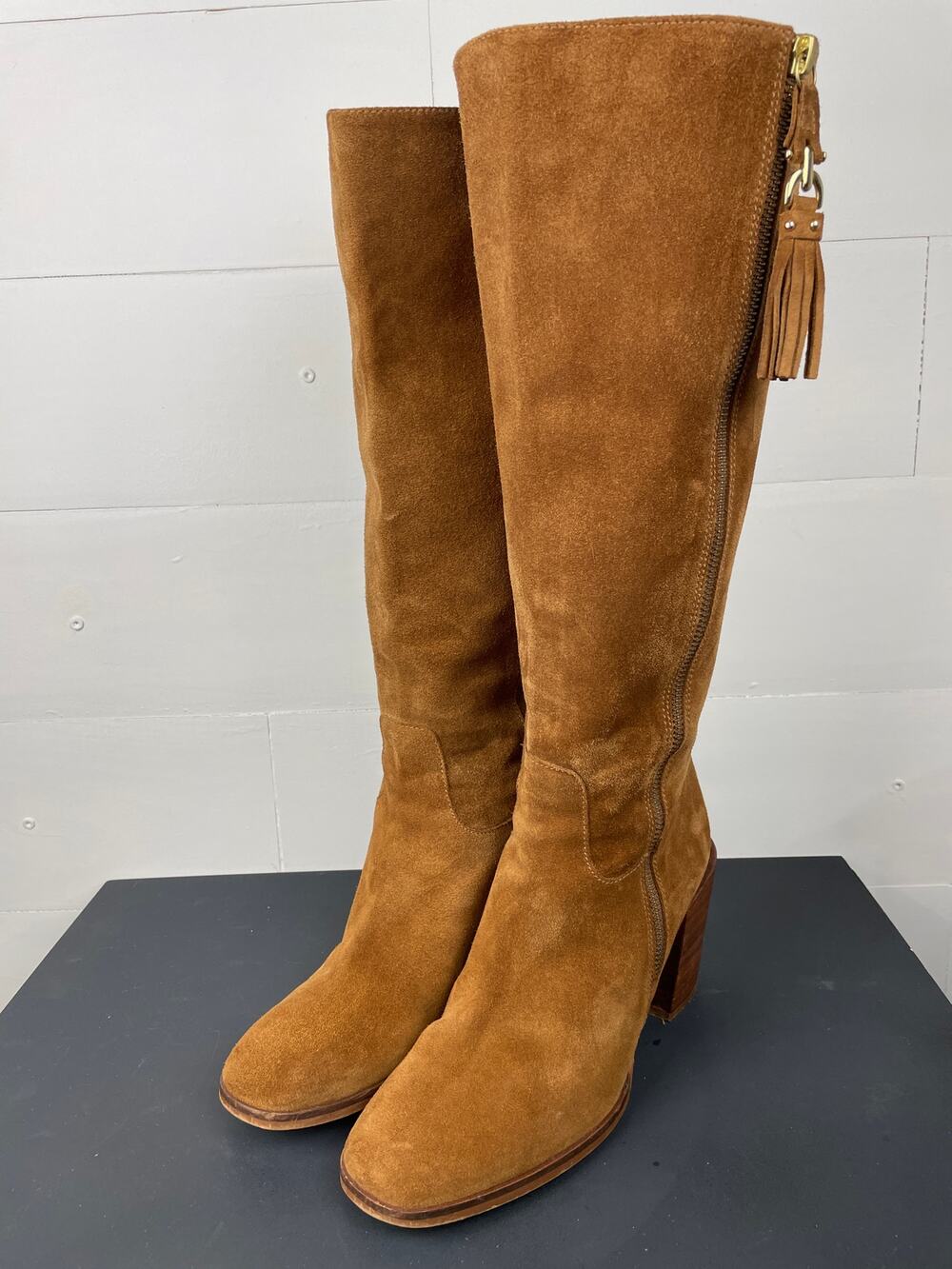 Gloria Ortiz Tan Suede Knee-High Boots Block Heel Spain Size 37 (US 6.5-7)